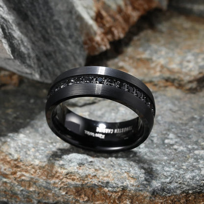 King Will GEM Mens 8mm Black Polished Finish Tungsten Carbide Ring Cubic Zircon Stones Flat Style