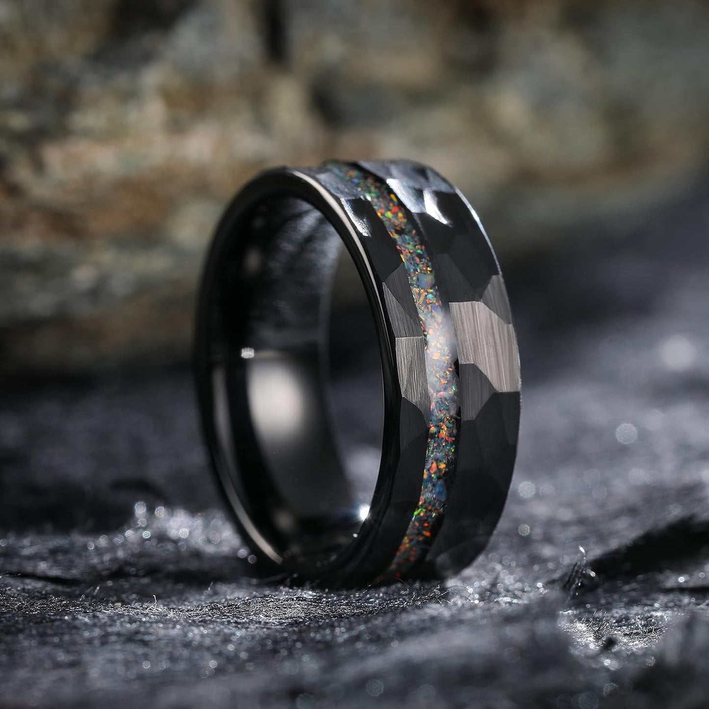 King Will 8mm Wood/Red Opal/Gold Foils/Purple Meteorite Inlaid Black Tungsten Carbide Rings Wedding Band Brushed Hammered Men’s Engagement Ring Comfort Fit for Men Women