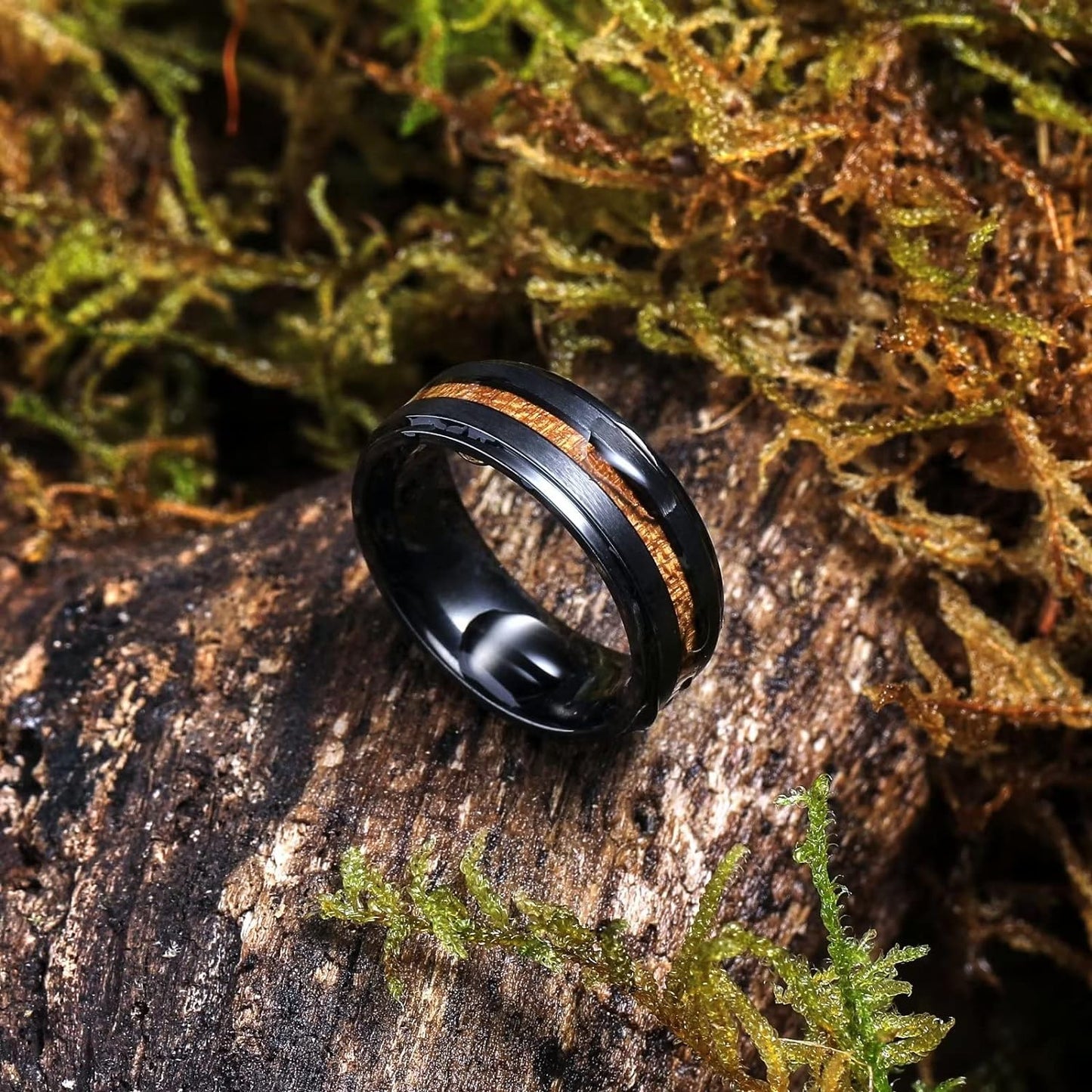 King Will NATURE 7mm 8mm Titanium Ring Black/Silver/Green with Wood Inlay Wedding Band Ring for Men Real Comfort Fit