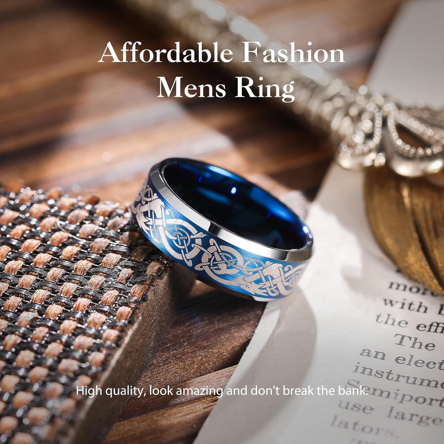 King Will 8mm Black/Silver/Blue Mens Tungsten Carbide Ring Laser Celtic Knot/Wolf Head/Dragon Polish Edge Wedding Band Size 7-14