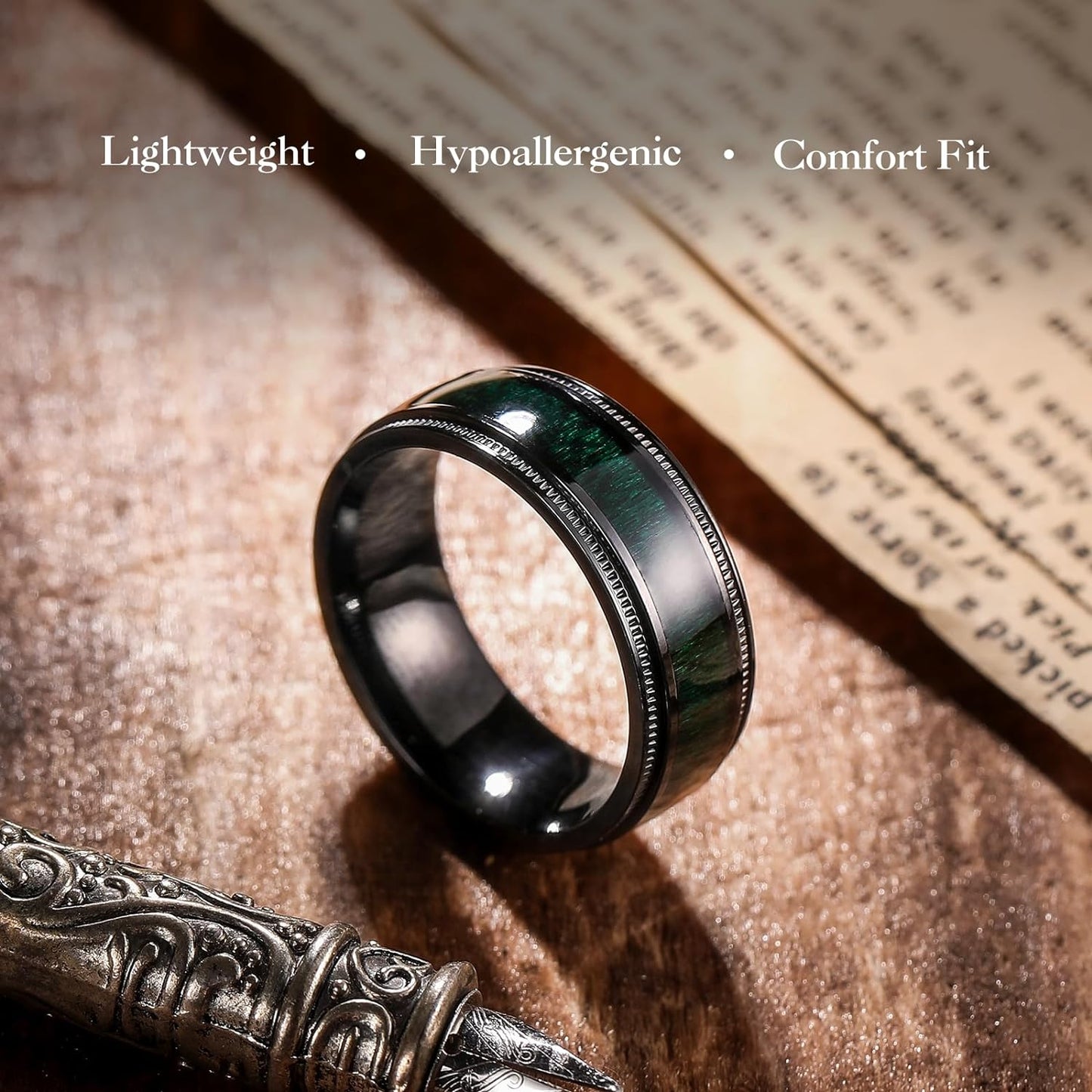 King Will NATURE 7mm 8mm Titanium Ring Black/Silver/Green with Wood Inlay Wedding Band Ring for Men Real Comfort Fit