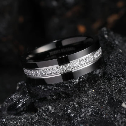 King Will GEM Mens 8mm Black Polished Finish Tungsten Carbide Ring Cubic Zircon Stones Flat Style