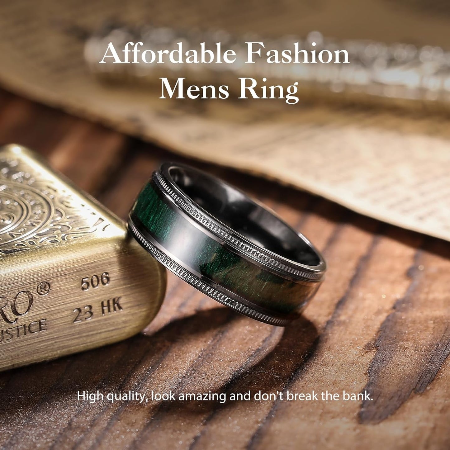 King Will NATURE 7mm 8mm Titanium Ring Black/Silver/Green with Wood Inlay Wedding Band Ring for Men Real Comfort Fit