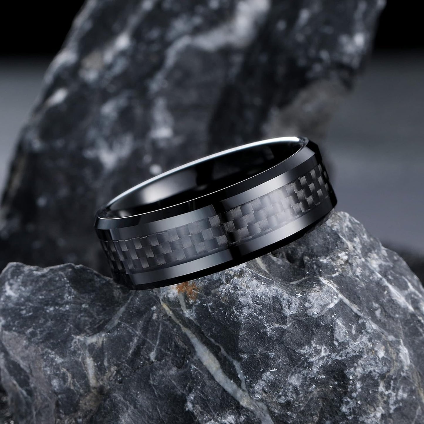 King Will GENTLEMAN 8mm Black/Red/Green/Blue/Silver Carbon Fiber Inlay Tungsten Carbide Ring Black Wedding Band Polished Finish Edges Men’s Ring Comfort Fit for Men Women