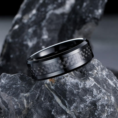King Will GENTLEMAN 8mm Black/Red/Green/Blue/Silver Carbon Fiber Inlay Tungsten Carbide Ring Black Wedding Band Polished Finish Edges Men’s Ring Comfort Fit for Men Women