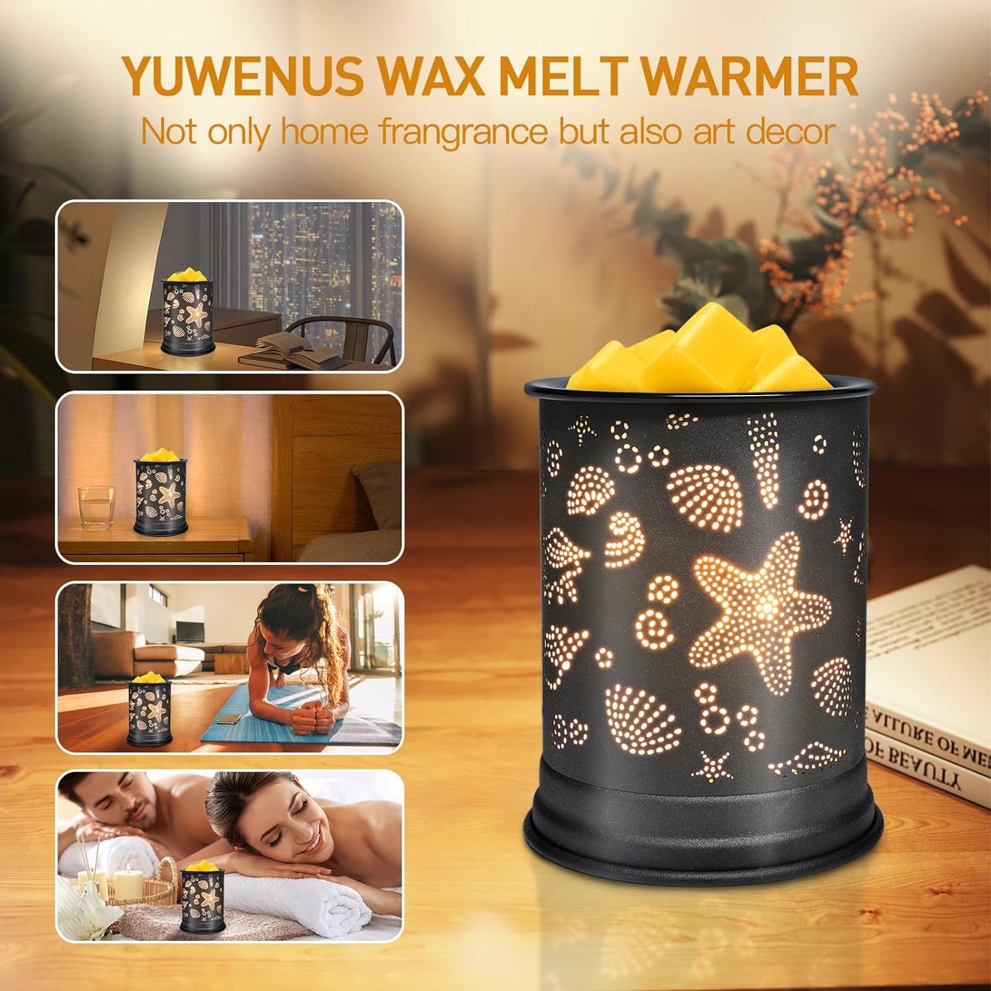 YUWENUS Electric Wax Melt Warmer Metal Wax Warmer for Scented Wax Fragrance Candle Oil Burner with 2 Light Bulbs Home Office Bedroom (Black)