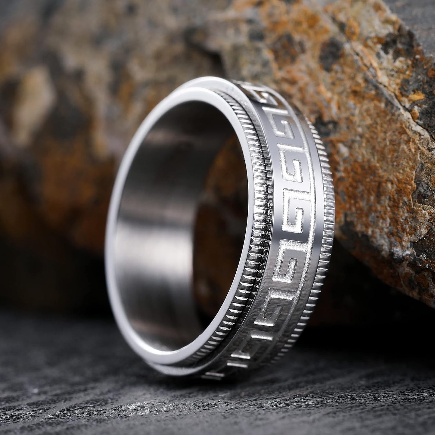 King Will 8mm Black/Silver Spinner Stainless Steel Ring Fidget Ring Anxiety Ring for Men Brushed Greek Key/Viking Pattern/Roman Numerals/Hammered Relieving Stress Ring