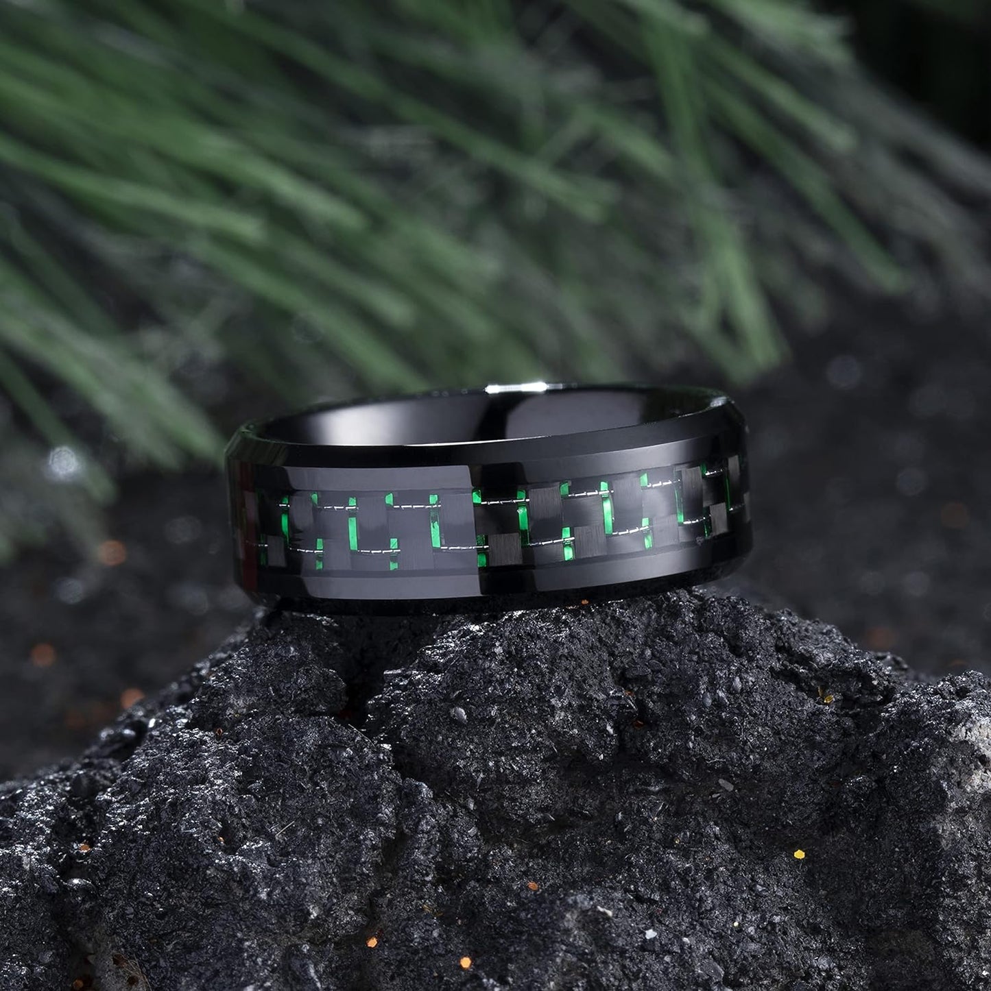 King Will GENTLEMAN 8mm Black/Red/Green/Blue/Silver Carbon Fiber Inlay Tungsten Carbide Ring Black Wedding Band Polished Finish Edges Men’s Ring Comfort Fit for Men Women