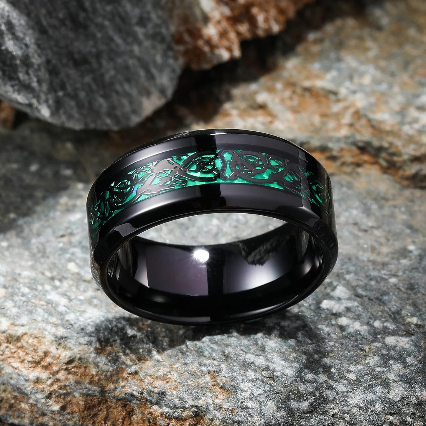 King Will Men's 8mm Green/Red/Blue/Purple Carbon Fiber Black Celtic Dragon Tungsten Carbide Ring Comfort Fit