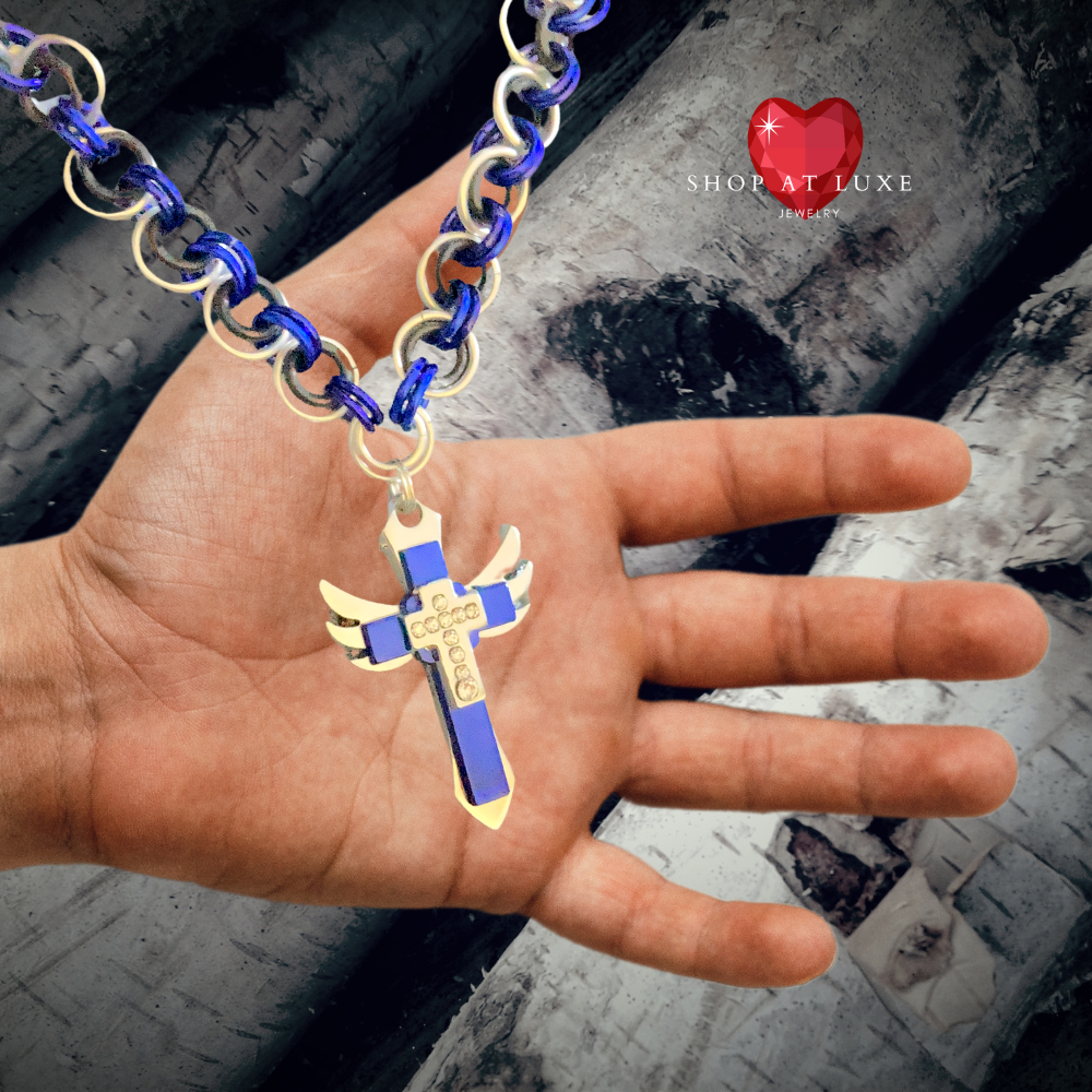 Always Blue Flaming Cross Chainmail Necklace