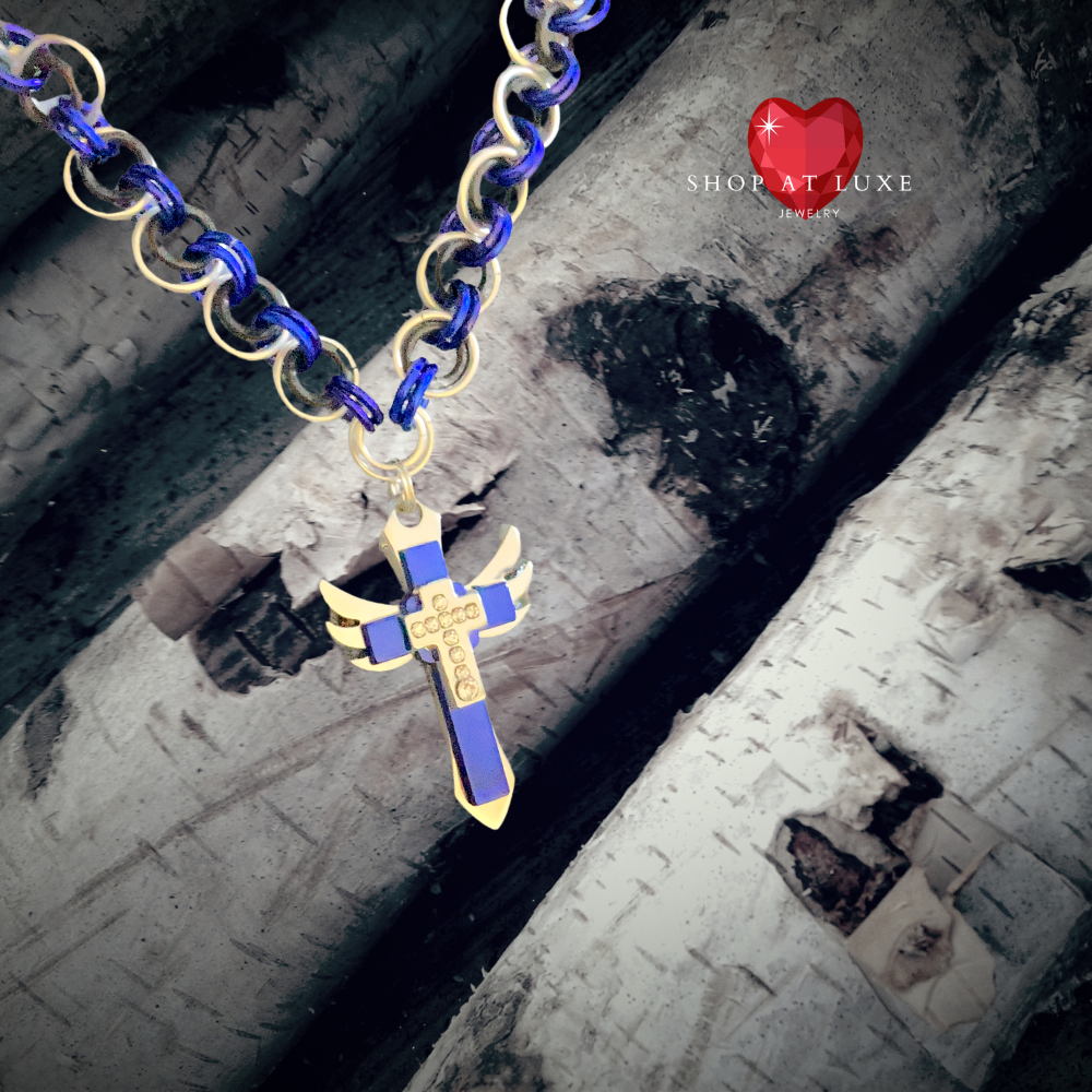 Always Blue Flaming Cross Chainmail Necklace