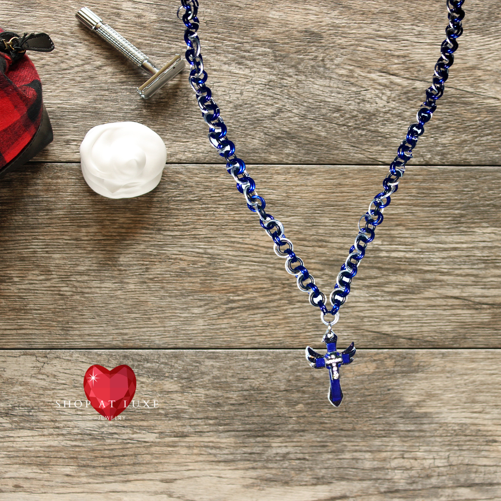 Always Blue Flaming Cross Chainmail Necklace