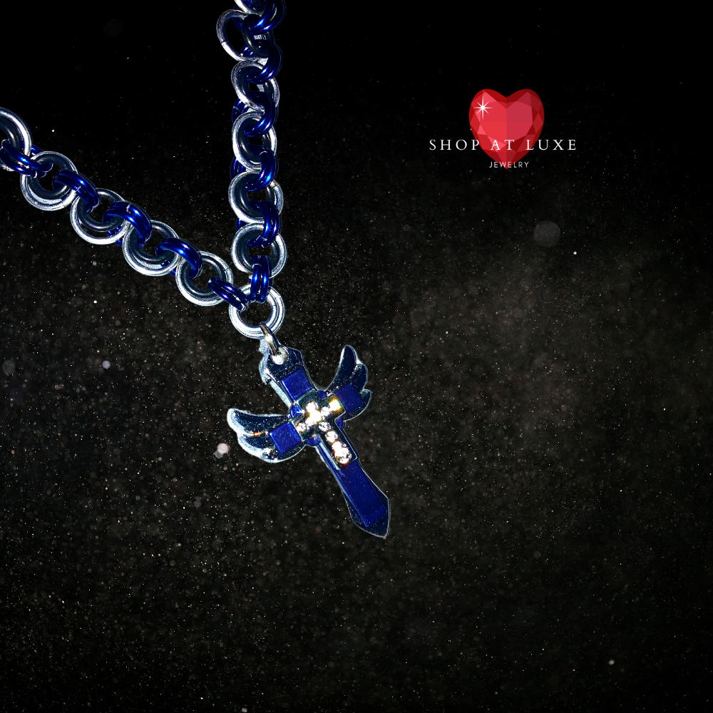 Always Blue Flaming Cross Chainmail Necklace