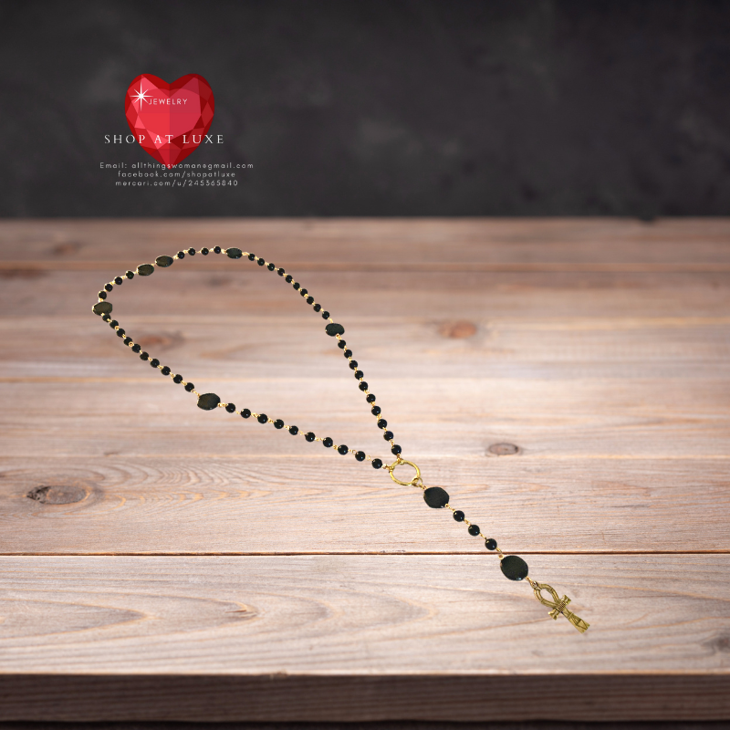 Egyptian Ankh Genuine Onyx Beaded Rosary Necklace