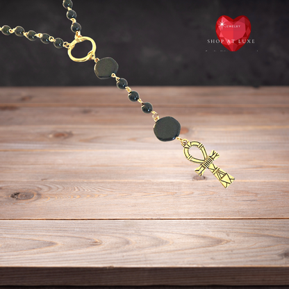 Egyptian Ankh Genuine Onyx Beaded Rosary Necklace