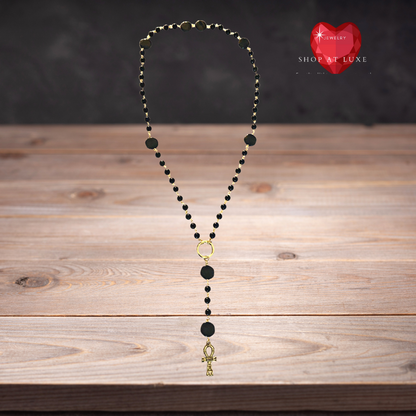 Egyptian Ankh Genuine Onyx Beaded Rosary Necklace