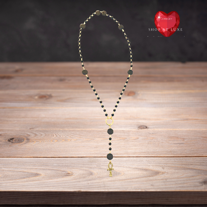 Egyptian Ankh Genuine Onyx Beaded Rosary Necklace