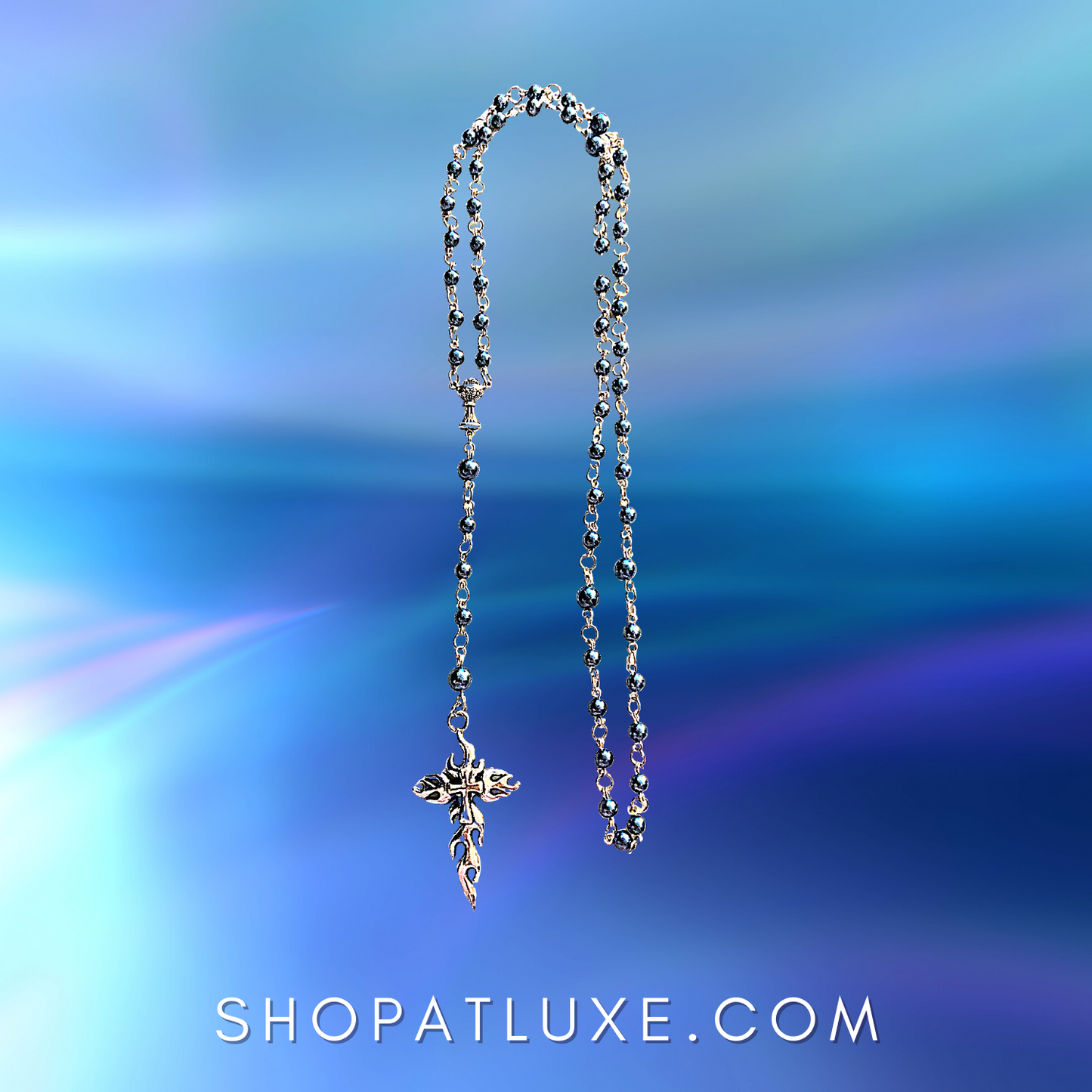 Sapphire Blue Beaded Rosary With Flaming Cross Pendant