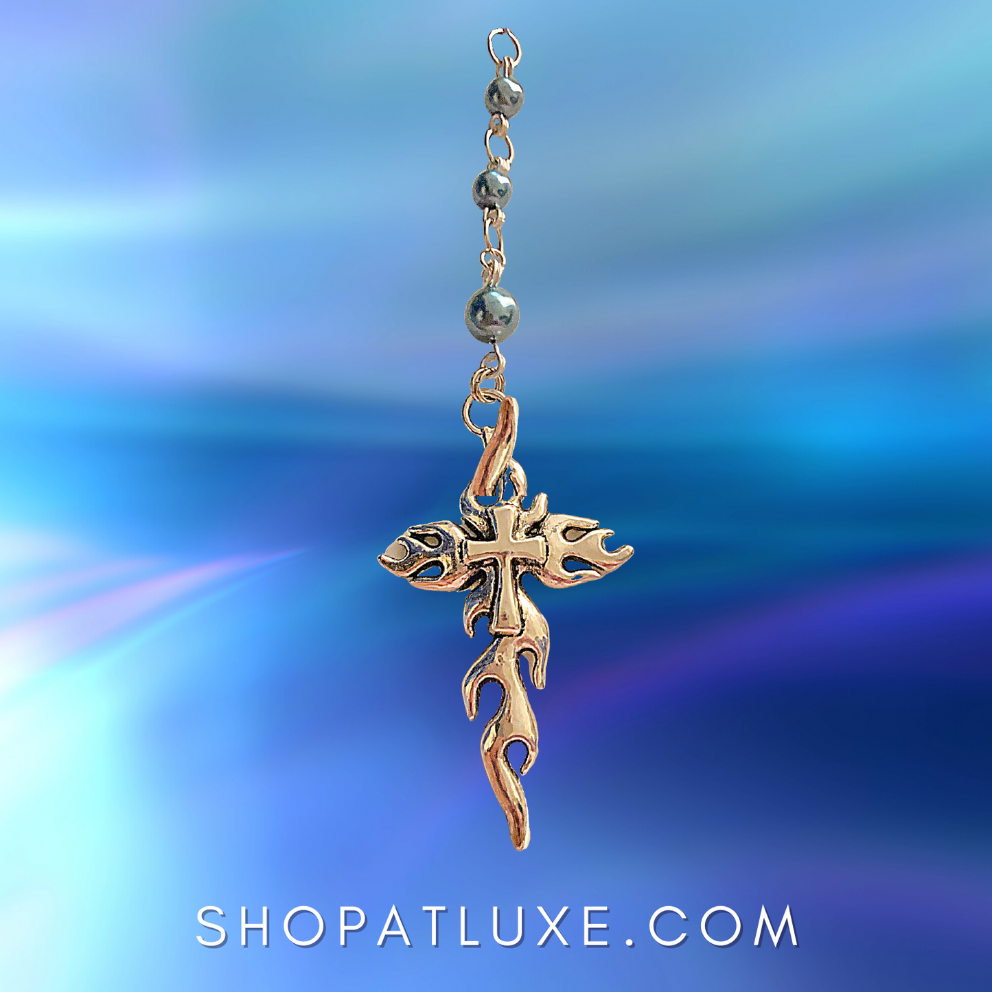 Sapphire Blue Beaded Rosary With Flaming Cross Pendant