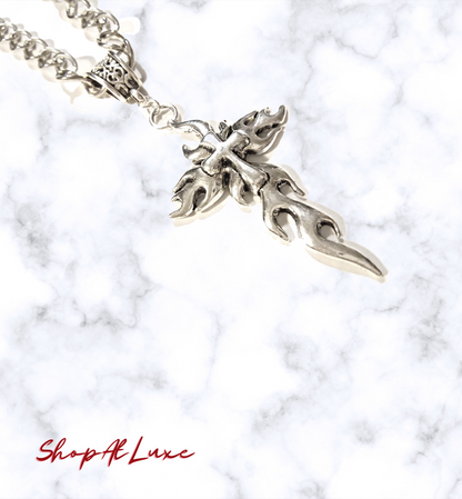 Flaming Cross Steel Necklace