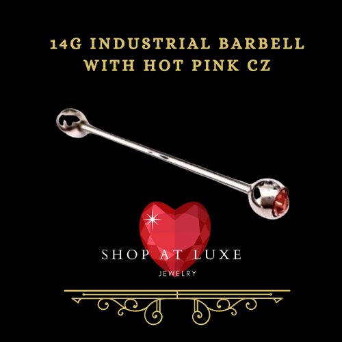 14g Industrial Steel Hot Pink CZ Industrial Barbell