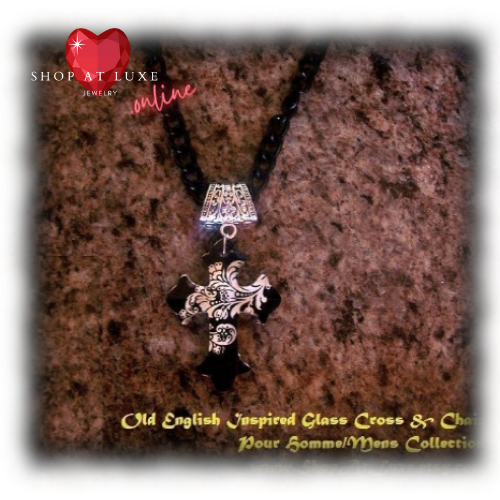 Old English Gothic Glass Cross Necklace