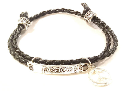 Peace Sign Black Leather Wrap Bracelet