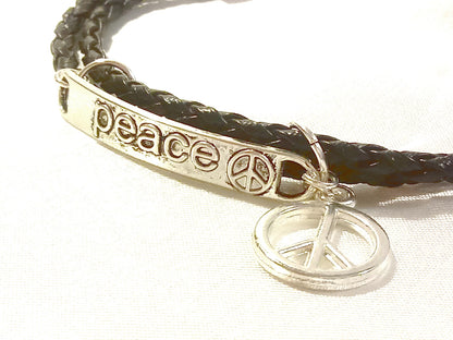 Peace Sign Black Leather Wrap Bracelet