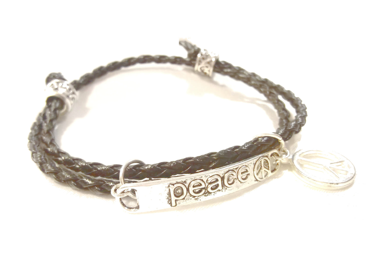 Peace Sign Black Leather Wrap Bracelet