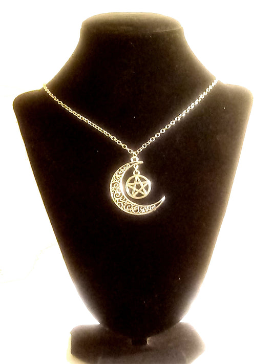Silver Crescent Moon And Star Necklace