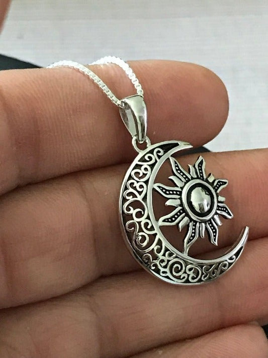 Silver Crescent Moon And Sun Necklace