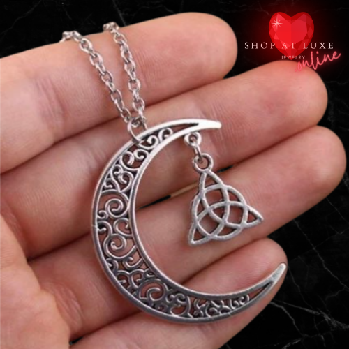 Silver Crescent Moon Triquetra Necklace