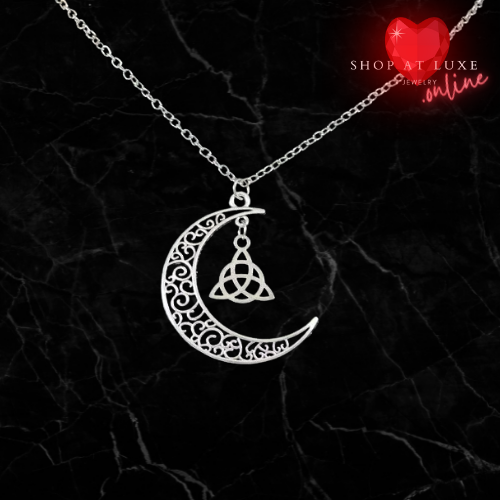 Silver Crescent Moon Triquetra Necklace