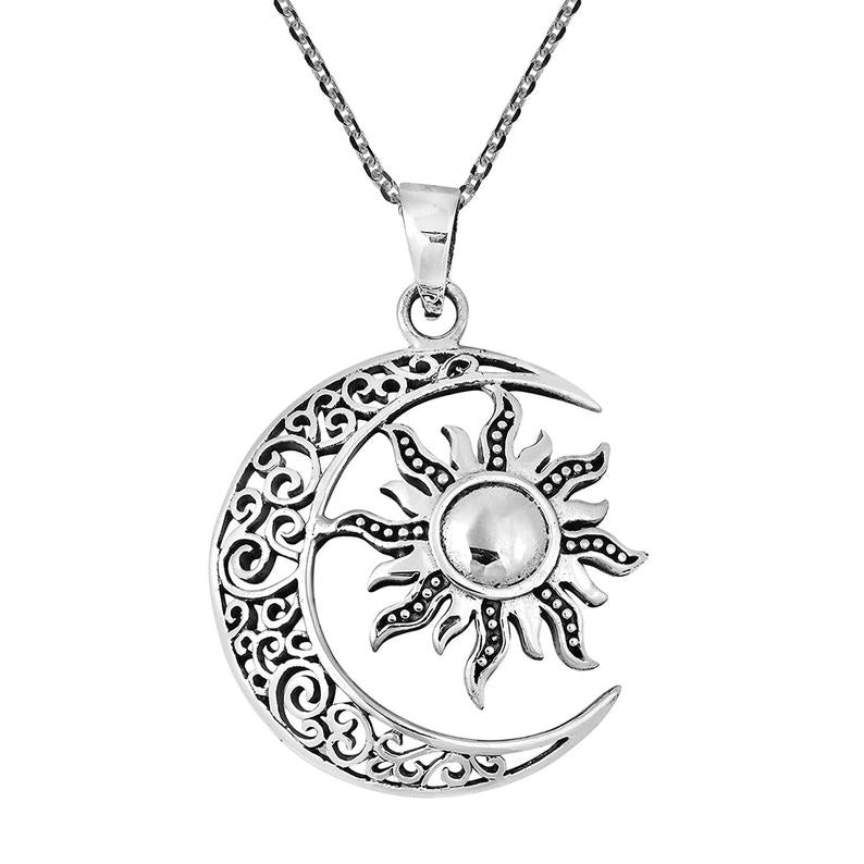 Antique Silver Crescent Moon And Sun Necklace