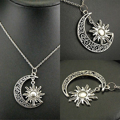 Antique Silver Crescent Moon And Sun Necklace