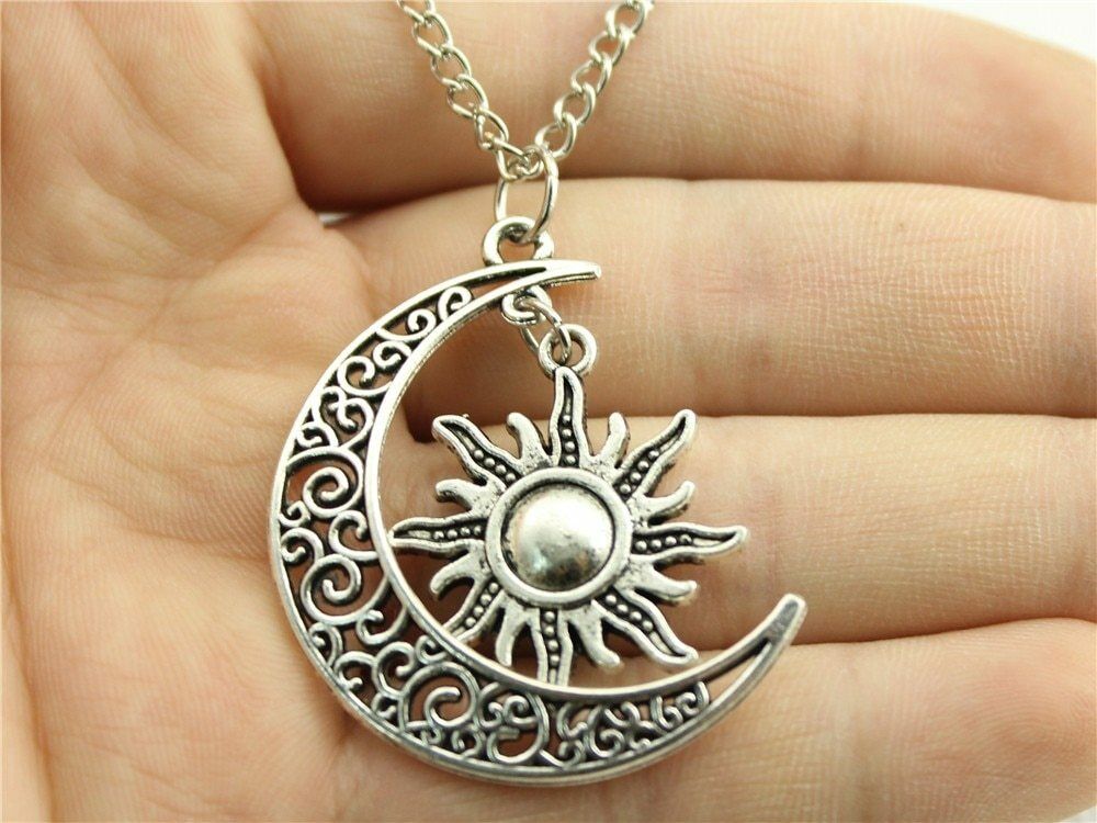 Antique Silver Crescent Moon And Sun Necklace